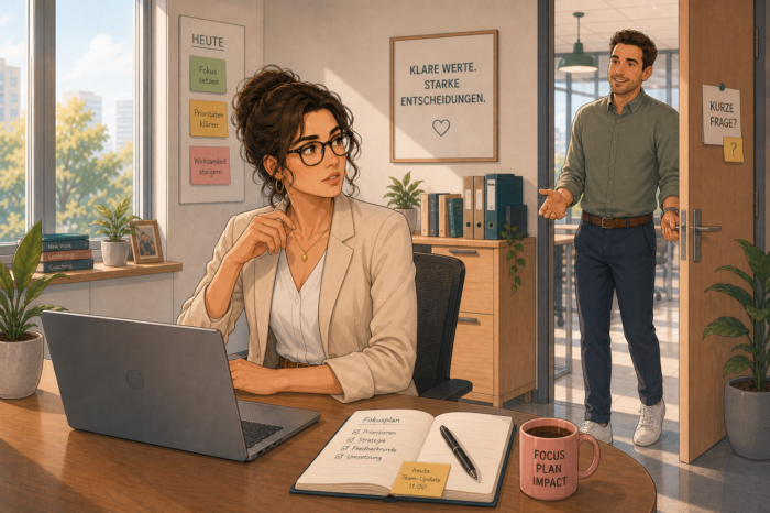 Elvira arbeitet im B&uuml;ro als ein Kollege mit einer Frage hereinkommt