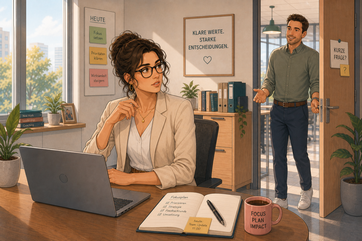 Elvira arbeitet im Büro als ein Kollege mit einer Frage hereinkommt