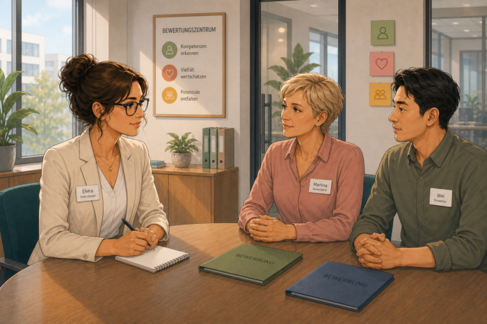 Elvira f&uuml;hrt ein Assessment Center mit zwei Bewerbern